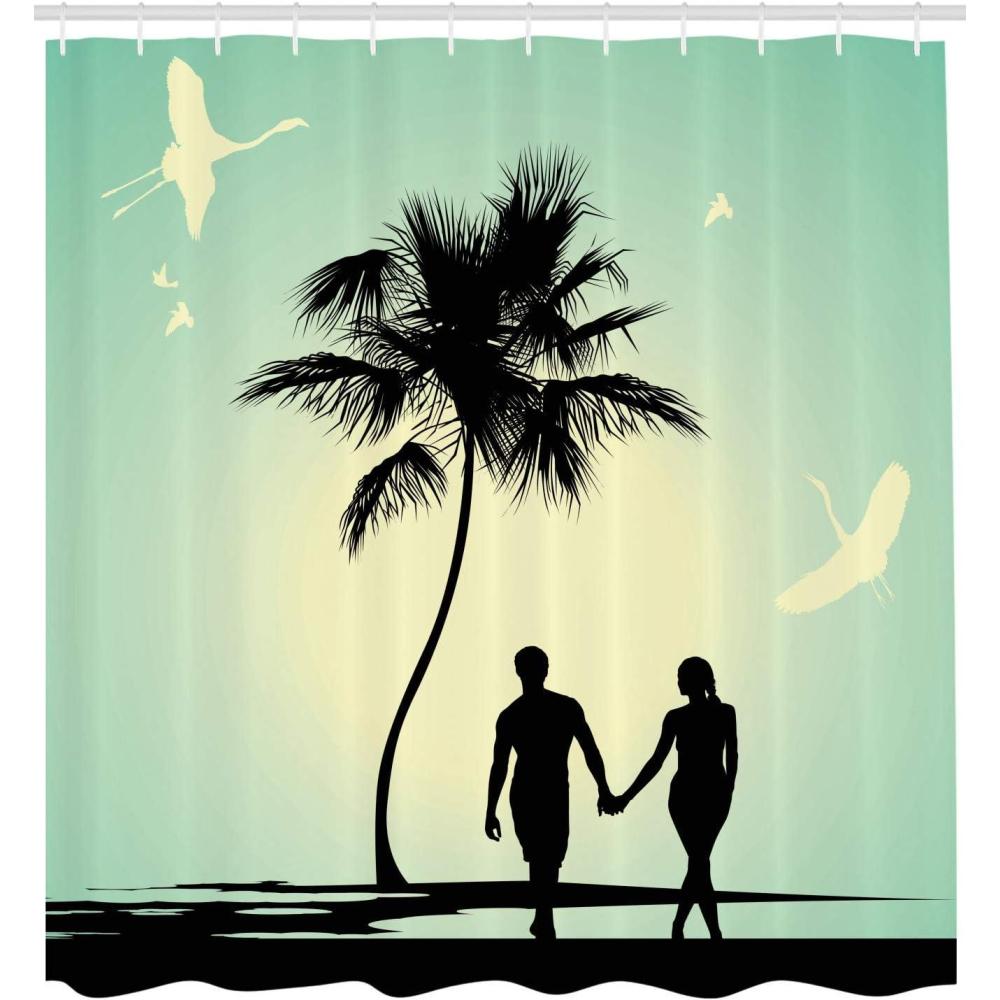 imageAmbesonne Romantic Shower Curtain Married Couple Walking on The Beach with Tropical Fauna and Flora Fabric Bathroom Decor Set with Hooks 105 inches Extra Wide Pale Green Seafoam Black
