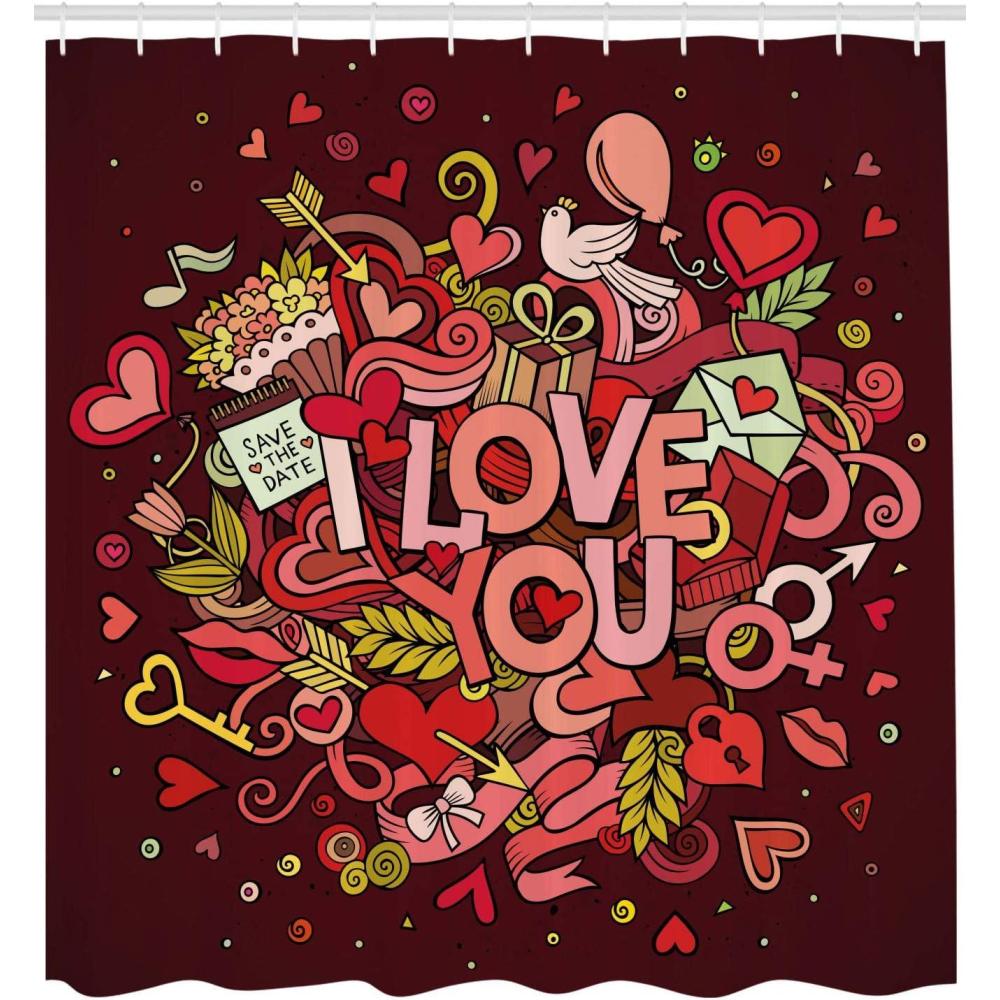 imageAmbesonne Romantic Shower Curtain Retro Funky I Love You Words on Hearts Arrows Baloons Birhday Image Cloth Fabric Bathroom Decor Set with Hooks 105 Extra Wide Coral Burgundy Yellow