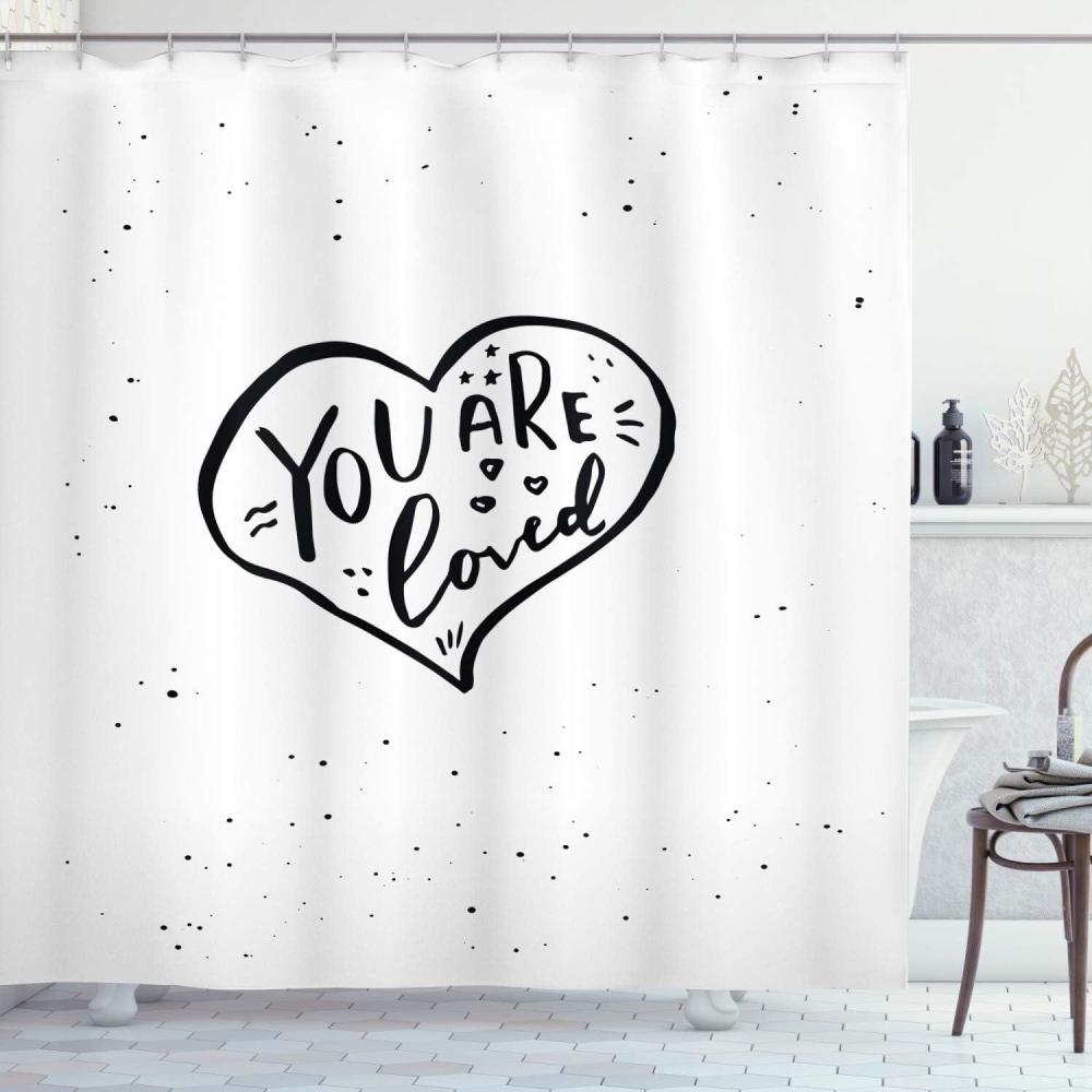 imageAmbesonne Romantic Shower Curtain You are Loved Hand Drawn Style Phrase in a Valentines Heart Shape Stars and Dots Cloth Fabric Bathroom Decor Set with Hooks 69 W x 75 L Black White