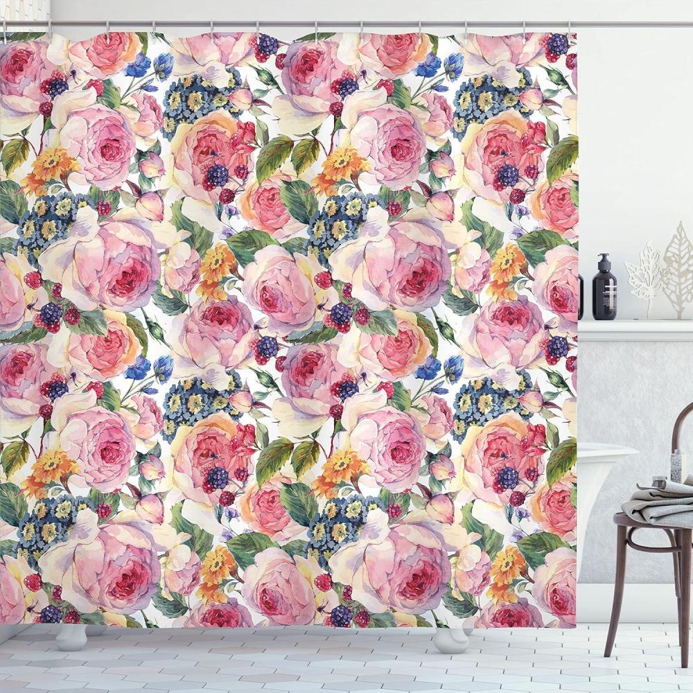 imageAmbesonne Shabby Flora Shower Curtain Country Life Design with Flowers Florals Roses Orchids Buds Romantic Print Cloth Fabric Bathroom Decor Set with Hooks 69 W x 84 L Multicolor White