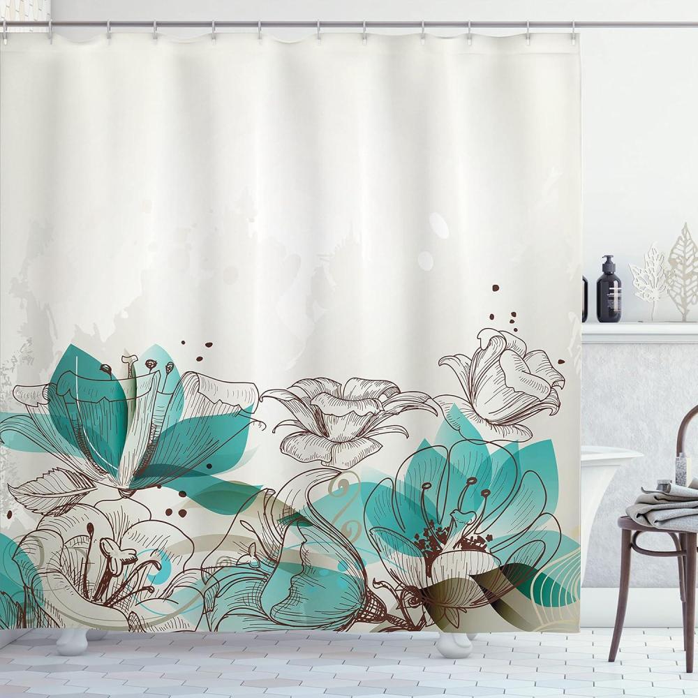 imageAmbesonne Turquoise Shower Curtain Retro Floral Background Hibiscus Silhouettes Dramatic Romantic Nature Art Cloth Fabric Bathroom Decor Set with Hooks 69 W x 84 L Beige Teal