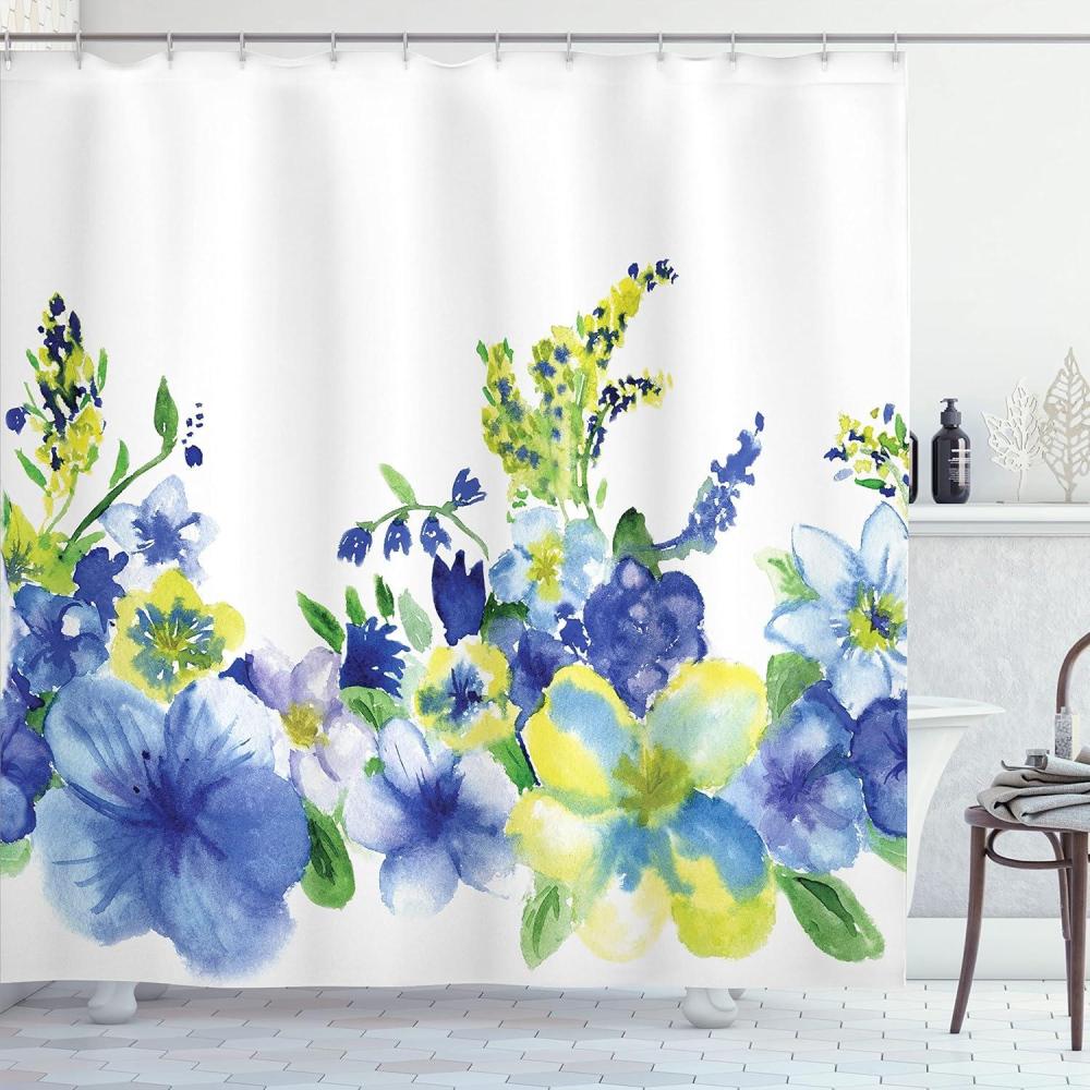 imageAmbesonne Watercolor Flower Shower Curtain Swirled Brushstroke Herbs Romantic Feminine Blooming Nature Art Cloth Fabric Bathroom Decor Set with Hooks 69 W x 75 L Blue Yellow