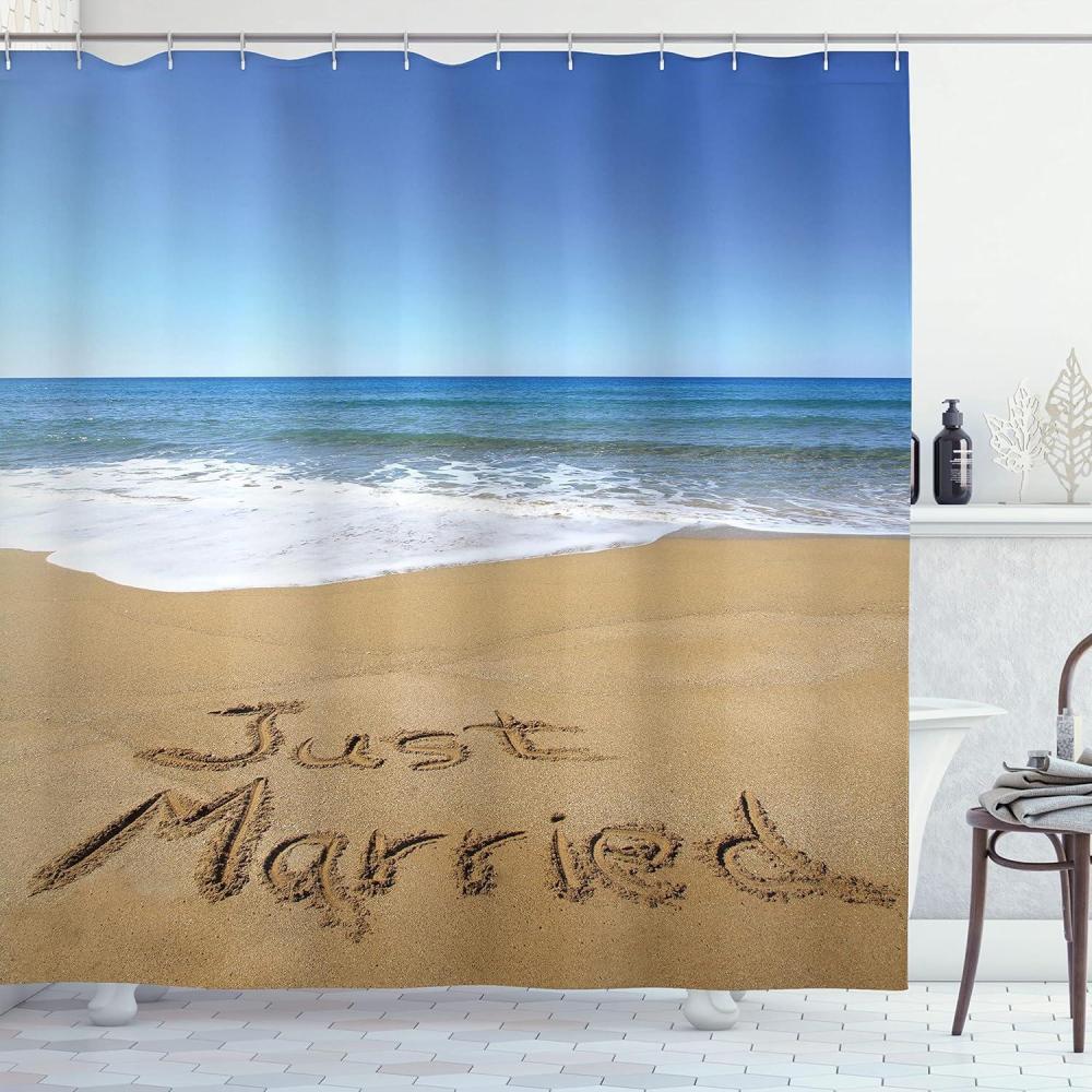 imageAmbesonne Wedding Shower Curtain Just Married Written on Sandy Beach Ocean Waves Romantic Photo Celebration Cloth Fabric Bathroom Decor Set with Hooks 69 W x 70 L Blue Brown White