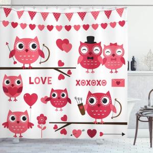 Ambesonne Animal Shower Curtain, Owls Image with Romantic Elements Arrow Eyesight Partners in Amour Design, Cloth Fabric Bathroom Decor Set with Hooks, 69″ W x 70″ L, Red White