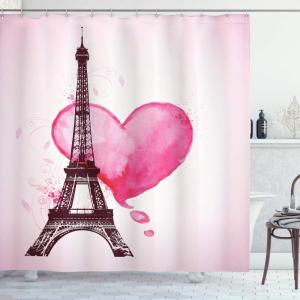 Ambesonne Eiffel Tower Shower Curtain, Eiffel Romantic Valentine Love Watercolor Theme Heart Leaf Silhouette Print, Cloth Fabric Bathroom Decor Set with Hooks, 69″ W x 75″ L, Fuchsia Brown