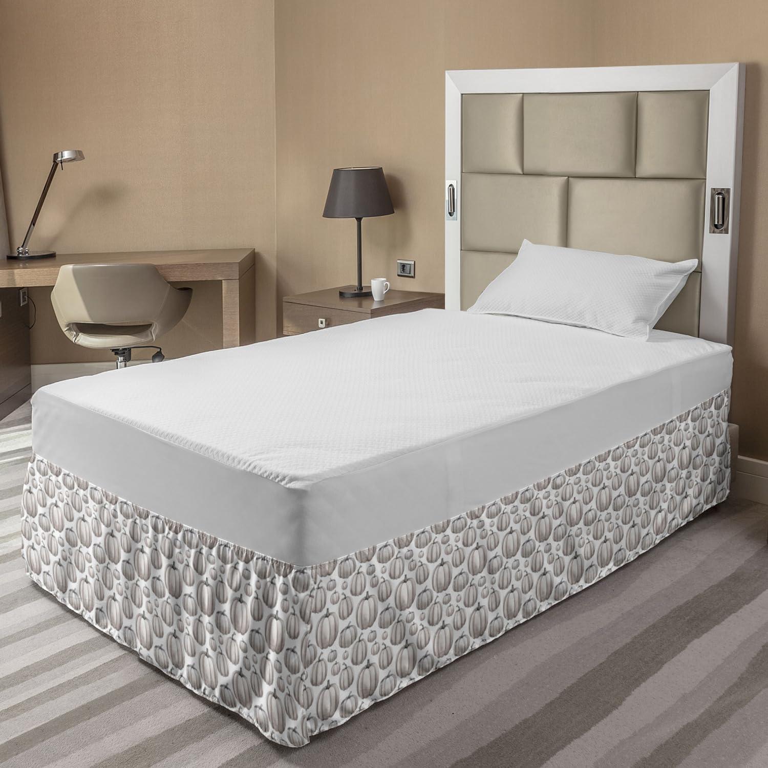 imageAmbesonne Fall Pumpkin Bedskirt Neutral Color Schemes Pale Fruit of Autumn Season Repetitive Pattern Bedroom Decor Wrap Around Elastic Bed Skirt Gathered Design Full White and Pale Tan