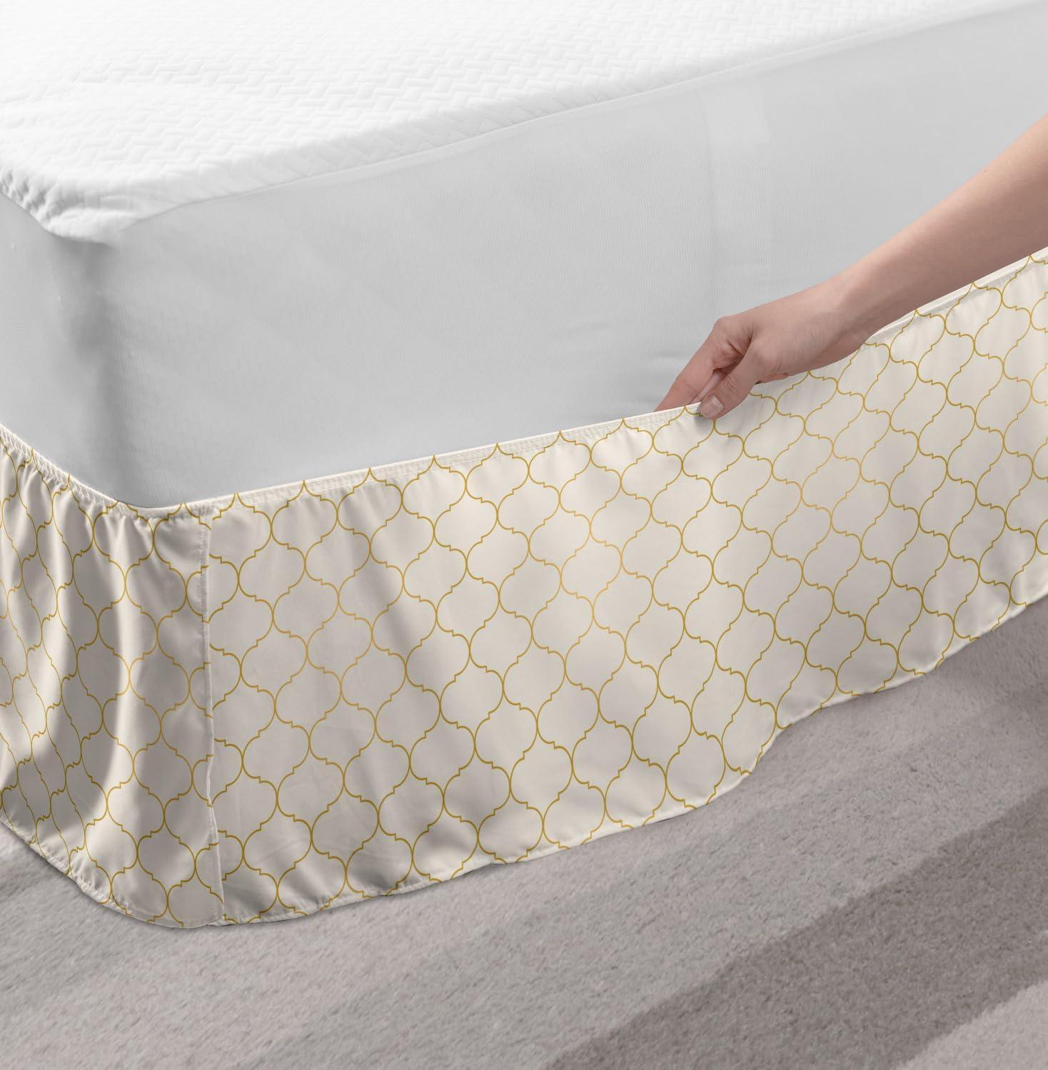 imageAmbesonne Neutral Color Elastic Bed Skirt Moroccan Grid Pattern Ethnic Art Eastern Inspired Motifs Mesh Wrap Around Fabric Bedskirt Dust Ruffle for Bedroom Full Eggshell and Dark Mustard