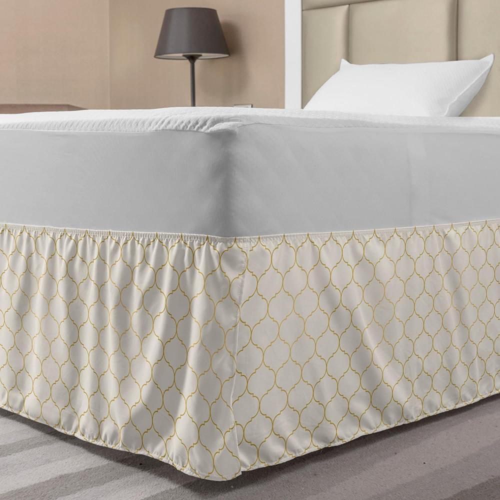 imageAmbesonne Neutral Color Elastic Bed Skirt Moroccan Grid Pattern Ethnic Art Eastern Inspired Motifs Mesh Wrap Around Fabric Bedskirt Dust Ruffle for Bedroom Full Eggshell and Dark Mustard