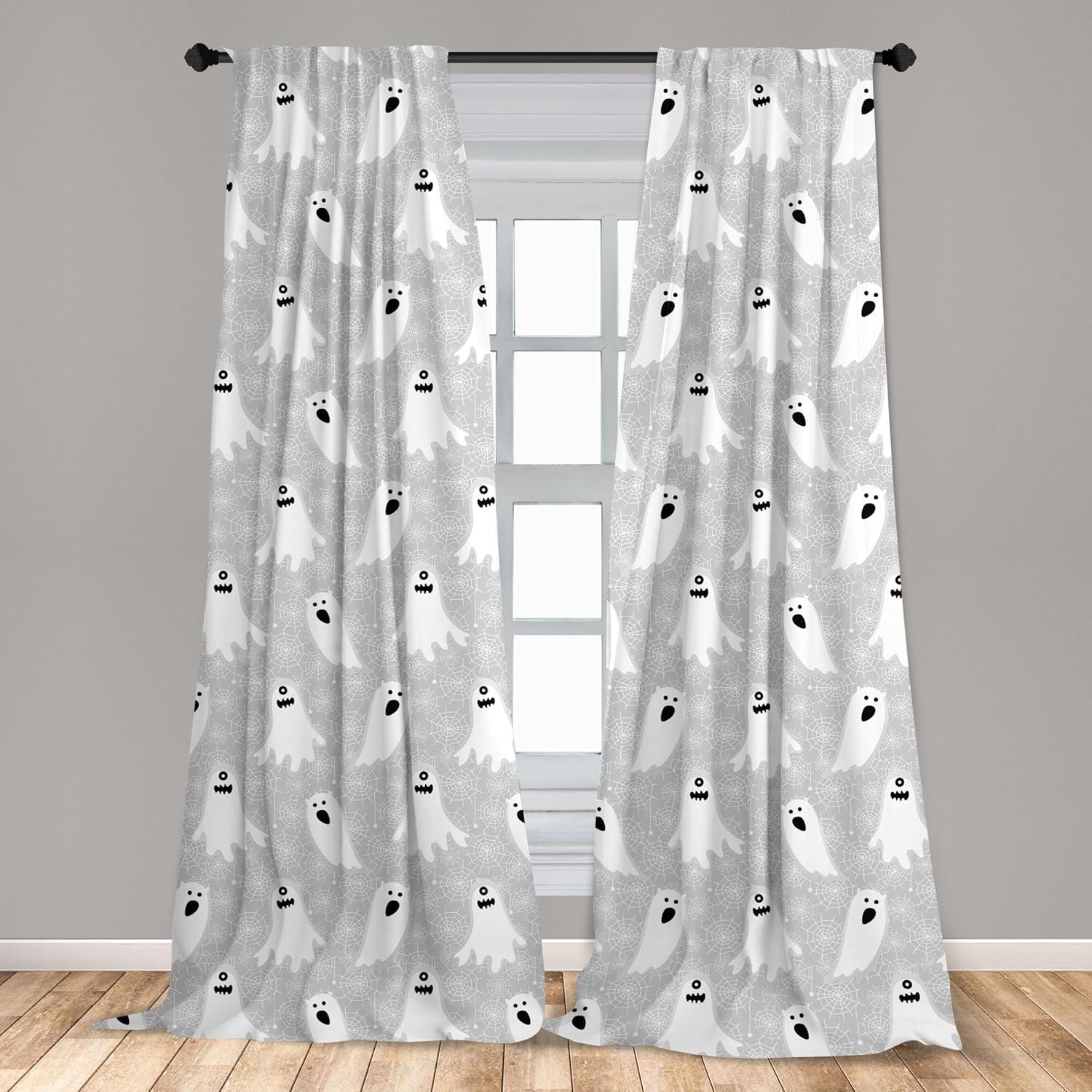 imageAmbesonne Halloween Curtains Horror Phantom Boo Monsters Themed Ghosts and Spooky Composition Neutral Tones Window Treatments 2 Panel Set for Living Room Bedroom Pair of 28 x 84 Grey White