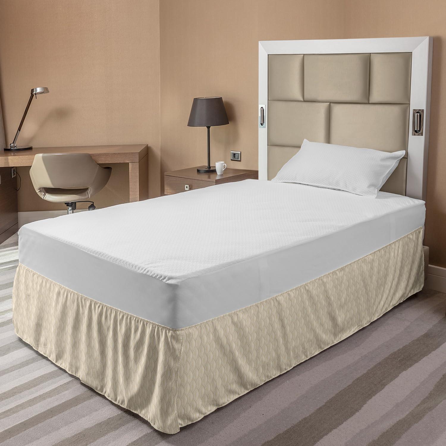 imageAmbesonne Neutral Color Elastic Bed Skirt Classic Composition of Droplet Like Elements Dotted Round Motifs Wrap Around Fabric Bedskirt Dust Ruffle for Bedroom Full Champagne and Beige
