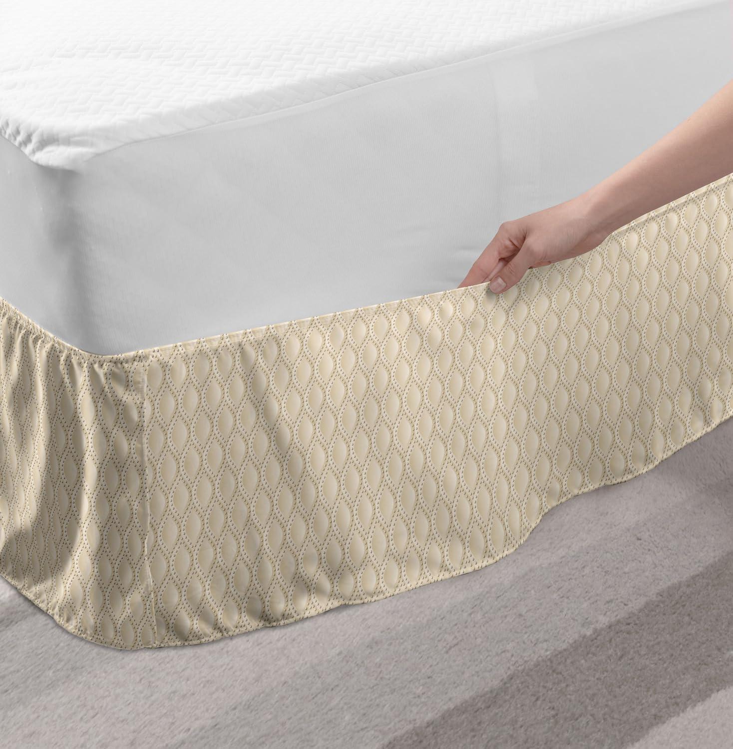 imageAmbesonne Neutral Color Elastic Bed Skirt Classic Composition of Droplet Like Elements Dotted Round Motifs Wrap Around Fabric Bedskirt Dust Ruffle for Bedroom Full Champagne and Beige
