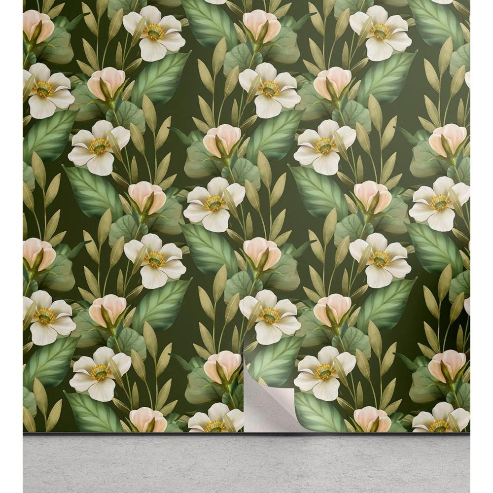 imageAmbesonne Duck Peel amp Stick Wallpaper for Home Aquarelle Look Flying Birds on Dark Jungle Tone Leafy Flowers Pattern Back SelfAdhesive Living Room Kitchen Accent 13 x 36 Dark Indigo MulticolorLaurel Green Coconut
