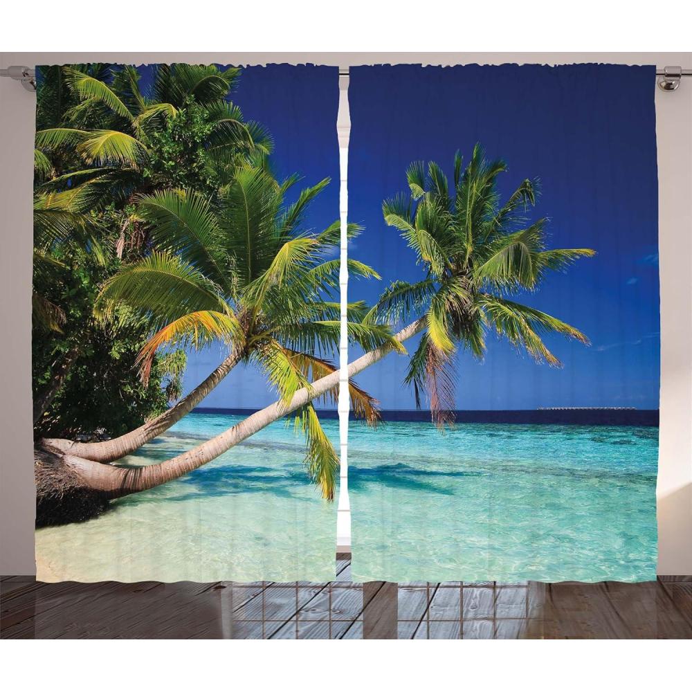 imageAmbesonne Landscape Curtains Tropic Botanic Sandy Beach Island with Coconut Palm Trees Seaside Print Living Room Bedroom Window Drapes 2 Panel Set 108 X 84 Aqua Blue