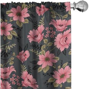 Ambesonne Blooming Roses Curtains, Night Jungle Vibe Flowers Boho with Neutral Leafy Peduncles, Window Treatments 2 Panel Set for Living Room Bedroom, Pair of – 28″ x 84″, Dark Sea Green Dark Coral(Pastel Pink Khaki)