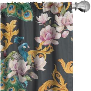 Ambesonne Blooming Roses Curtains, Night Jungle Vibe Flowers Boho with Neutral Leafy Peduncles, Window Treatments 2 Panel Set for Living Room Bedroom, Pair of – 28″ x 84″, Dark Sea Green Dark Coral(Earth Yellow and Jade Green)