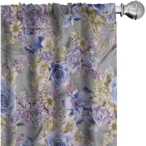Ambesonne Blooming Roses Curtains, Night Jungle Vibe Flowers Boho with Neutral Leafy Peduncles, Window Treatments 2 Panel Set for Living Room Bedroom, Pair of – 28″ x 84″, Dark Sea Green Dark Coral(Pale Purpleblue Lilac)