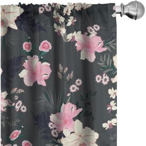 Ambesonne Blooming Roses Curtains, Night Jungle Vibe Flowers Boho with Neutral Leafy Peduncles, Window Treatments 2 Panel Set for Living Room Bedroom, Pair of – 28″ x 84″, Dark Sea Green Dark Coral(Champagne Pastel Pink)