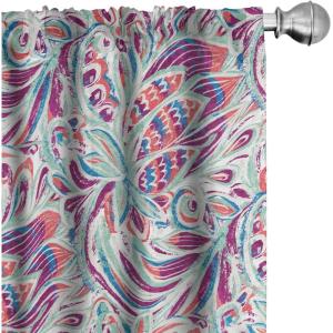 Ambesonne Boho Feathers Curtains, Vintage Japanese Feels Fuzz Sketch Pattern Neutral Colors Artwork, Window Treatments 2 Panel Set for Living Room Bedroom, Pair of – 28″ x 95″, Purple Charcoal Grey(Almond Green Magenta)