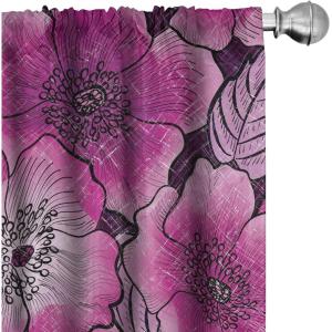 Ambesonne Boho Feathers Curtains, Vintage Japanese Feels Fuzz Sketch Pattern Neutral Colors Artwork, Window Treatments 2 Panel Set for Living Room Bedroom, Pair of – 28″ x 95″, Purple Charcoal Grey(Fuchsia Soft Pink)
