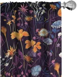 Ambesonne Boho Feathers Curtains, Vintage Japanese Feels Fuzz Sketch Pattern Neutral Colors Artwork, Window Treatments 2 Panel Set for Living Room Bedroom, Pair of – 28″ x 95″, Purple Charcoal Grey(Rose Ivory Marigold Dried)