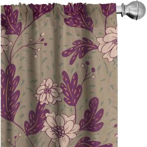Ambesonne Boho Feathers Curtains, Vintage Japanese Feels Fuzz Sketch Pattern Neutral Colors Artwork, Window Treatments 2 Panel Set for Living Room Bedroom, Pair of – 28″ x 95″, Purple Charcoal Grey(Plum Pale Olive Green)