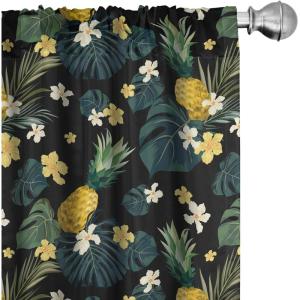 Ambesonne Exotic Boho Curtains, Simple Design Modern Linear Flamingo Pattern with Leaves Neutral Art, Window Treatments 2 Panel Set for Living Room Bedroom, Pair of – 28″ x 63″, Pale Azure Blue Coral(Sea Blue Mustard)