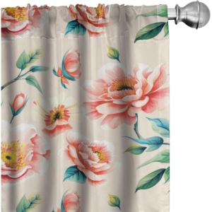 Ambesonne Floral Curtains, Neutral Colors Delicate Blooming Flowers Pattern Dreamy Blush Tone Art, Window Treatments 2 Panel Set for Living Room Bedroom, Pair of – 28″ x 63″, Hot Pink Charcoal Grey(Dark Coral Petrol Blue)