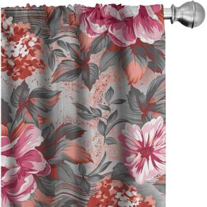 Ambesonne Floral Design Curtains, Tropical Themed Neutral Colors Boho Flowers Vintage with Leafy Art, Window Treatments 2 Panel Set for Living Room Bedroom, Pair of – 28″ x 63″, Dark Coral Pale Grey(Raspberry and Dark Green)