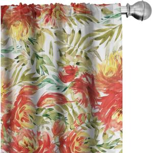 Ambesonne Hibiscus Curtains, Watercolor Silhouettes of Tropical Floral with Neutral Colors Boho Art, Window Treatments 2 Panel Set for Living Room Bedroom, Pair of – 28″ x 63″, Dark Coral Coral White(Dark Coral Mustard White)