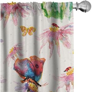 Ambesonne Hibiscus Curtains, Watercolor Silhouettes of Tropical Floral with Neutral Colors Boho Art, Window Treatments 2 Panel Set for Living Room Bedroom, Pair of – 28″ x 63″, Dark Coral Coral White(Fern Green Fuchsia)
