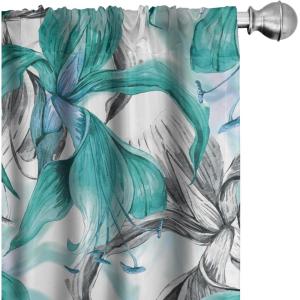 Ambesonne Hibiscus Curtains, Watercolor Silhouettes of Tropical Floral with Neutral Colors Boho Art, Window Treatments 2 Panel Set for Living Room Bedroom, Pair of – 28″ x 63″, Dark Coral Coral White(Dark Seafoam and Champagne)