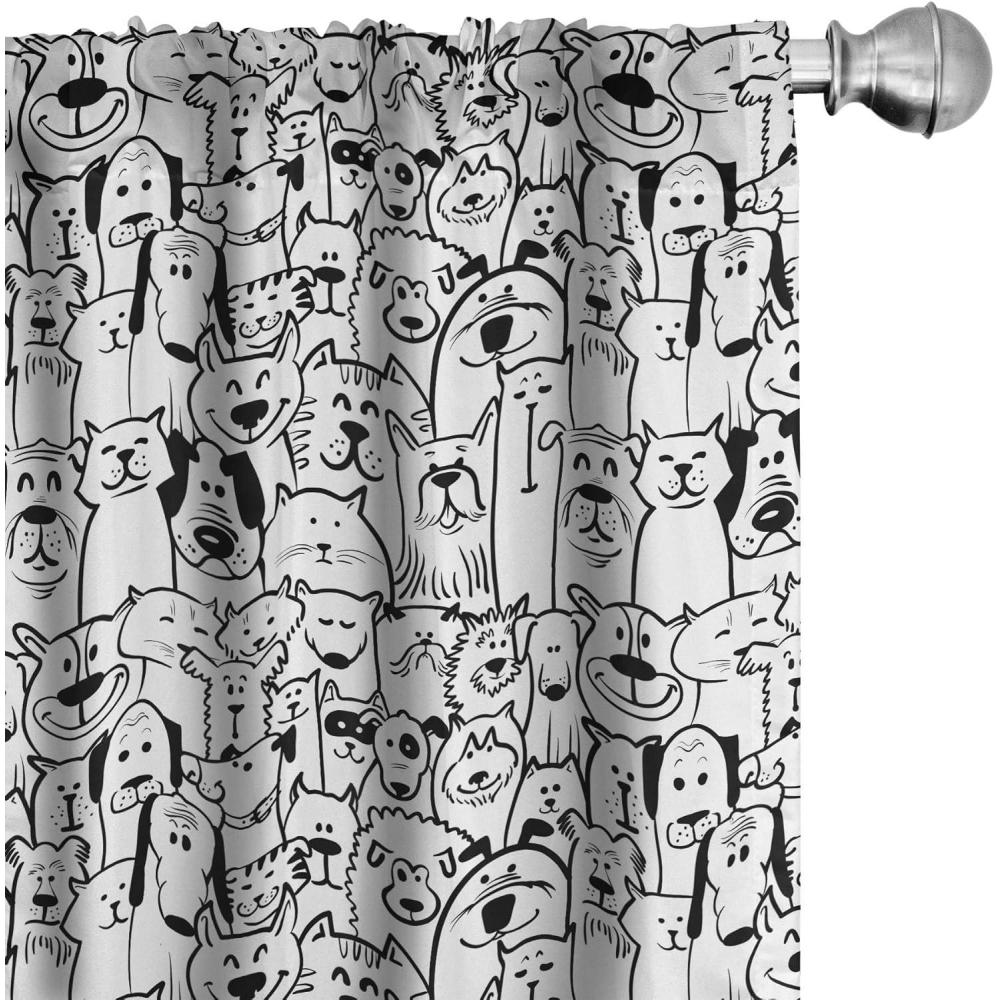 imageAmbesonne Dogs Curtains Monochrome Doodle Art Composition with Cheerful Animals Smiling Pet Faces Window Treatments 2 Panel Set for Living Room Bedroom Pair of  28 x 84 Charcoal Grey and White