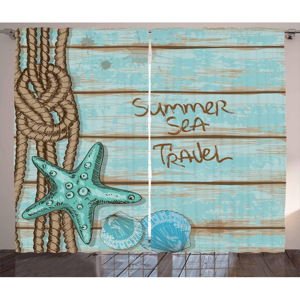 imageAmbesonne Starfish Curtains Summer Season Sea Travel Retro Boards of Ship Deck Rope Scallops Living Room Bedroom Window Drapes 2 Panel Set 108 X 96 Mint Green