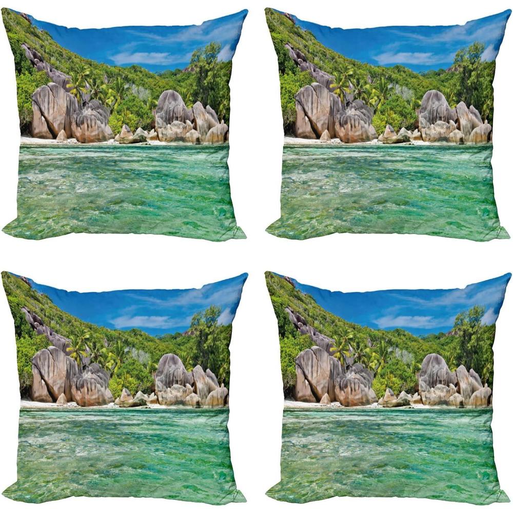 imageAmbesonne Tropical Decorative Throw Pillow Case Pack of 4 Landscape of Island with Trees in Seychelles and The Sky Digital Print Cushion Cover for Couch Living Room Car 18 Blue and Fern Green18