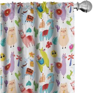 Ambesonne Animal Curtains, Playroom Pattern with Llama Alpaca Cactus and Leaves Design, Window Treatments 2 Panel Set for Living Room Bedroom, Pair of – 28″ x 84″, Purple Yellow