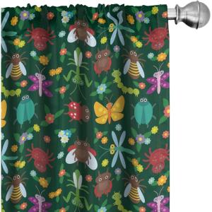 Ambesonne Cartoon Curtains, Forest Bugs Spider Butterfly Beetle Dragonfly Mantis Wasp Ladybug Flowers, Window Treatments 2 Panel Set for Living Room Bedroom, Pair of – 28″ x 84″, Emerald Multicolor(Emerald Multicolor)