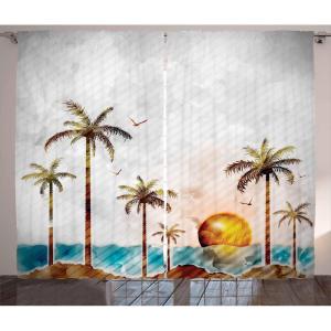 Ambesonne Island Curtains, Tropical Landscape in Watercolor Style Palm Trees Ocean Waves Sunset Beach Picture, Living Room Bedroom Window Drapes 2 Panel Set, 108″ X 84″, Multicolor(108″W x 84″L (Pack of 2))