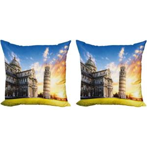 Ambesonne Italy Decorative Throw Pillow Case Pack of 2, Place of Miracoli Complex with The Leaning Tower of Pisa in Front Tourist Attraction, Couch Bedroom Living Room Cushion Cover, 18″, Multicolor(24″)