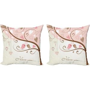 Ambesonne Love Decorative Throw Pillow Case Pack of 2, Birds on Branch Abstract Heart Shapes Nature Environment Ornate Romance Print, Couch Bedroom Living Room Cushion Cover, 16″, Blush Brown Beige(18″ x 18″ (Pack of 2))