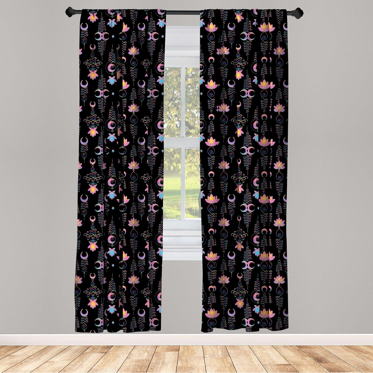 imageAmbesonne Lotus Curtains Abstract Modern Pattern of Flowers Crescent and Star on Dark Background Window Treatments 2 Panel Set for Living Room Bedroom Pair of 28 x 95 Charcoal Grey MulticolorCharcoal Grey Multicolor