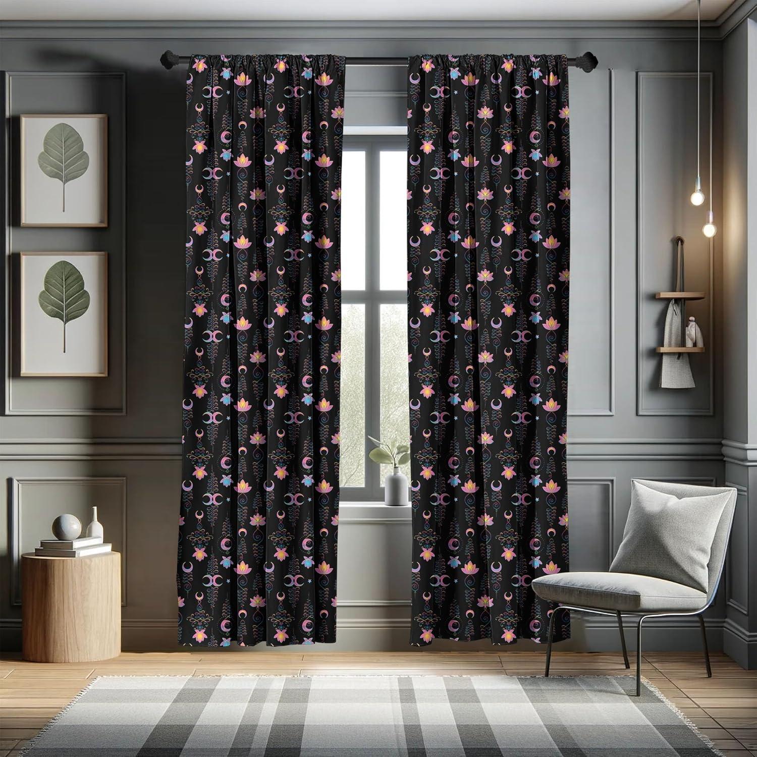 imageAmbesonne Lotus Curtains Abstract Modern Pattern of Flowers Crescent and Star on Dark Background Window Treatments 2 Panel Set for Living Room Bedroom Pair of 28 x 95 Charcoal Grey MulticolorCharcoal Grey Multicolor