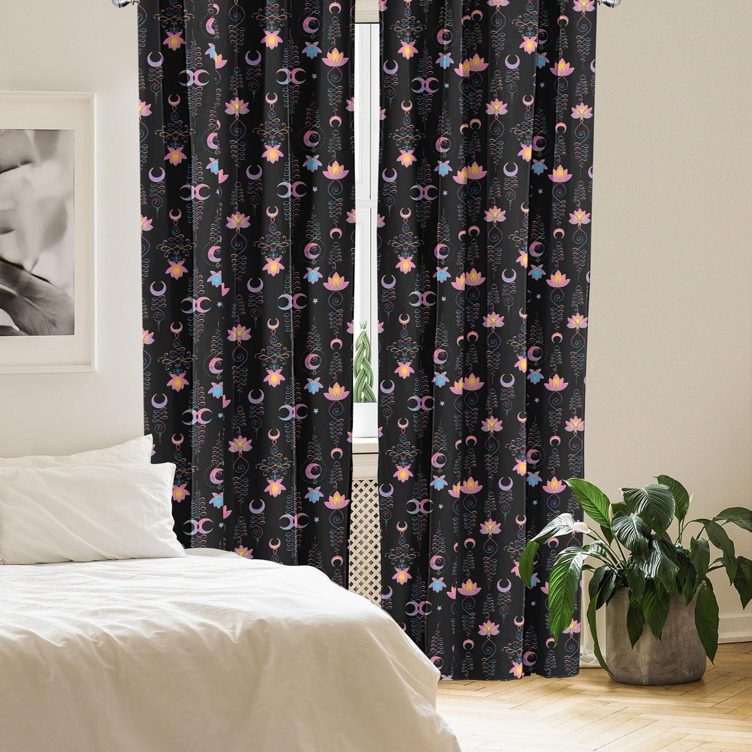 imageAmbesonne Lotus Curtains Abstract Modern Pattern of Flowers Crescent and Star on Dark Background Window Treatments 2 Panel Set for Living Room Bedroom Pair of 28 x 95 Charcoal Grey MulticolorCharcoal Grey Multicolor