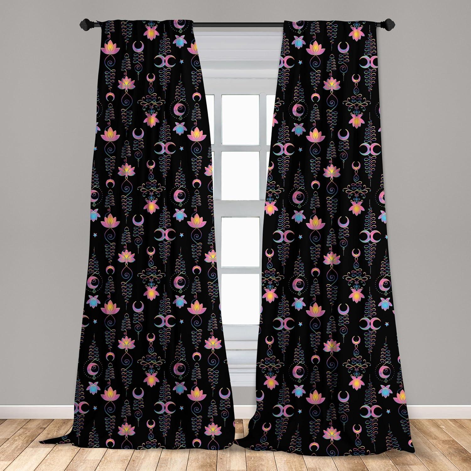 imageAmbesonne Lotus Curtains Abstract Modern Pattern of Flowers Crescent and Star on Dark Background Window Treatments 2 Panel Set for Living Room Bedroom Pair of 28 x 95 Charcoal Grey MulticolorCharcoal Grey Multicolor