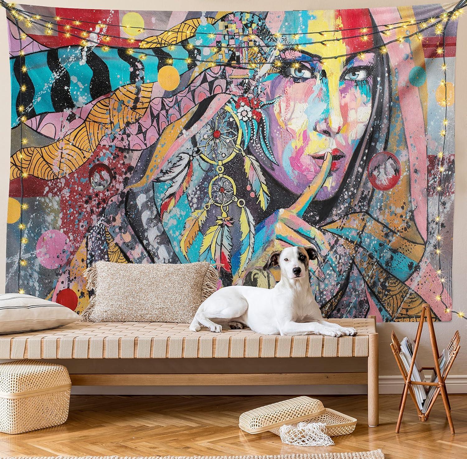 imageAmbesonne Modern Art Tapestry Girl Dreamcatcher and Ethnic Murky Colorful Paint Wall Hanging for Bedroom Living Room Dorm Decor 40 X 60 Pink Grey