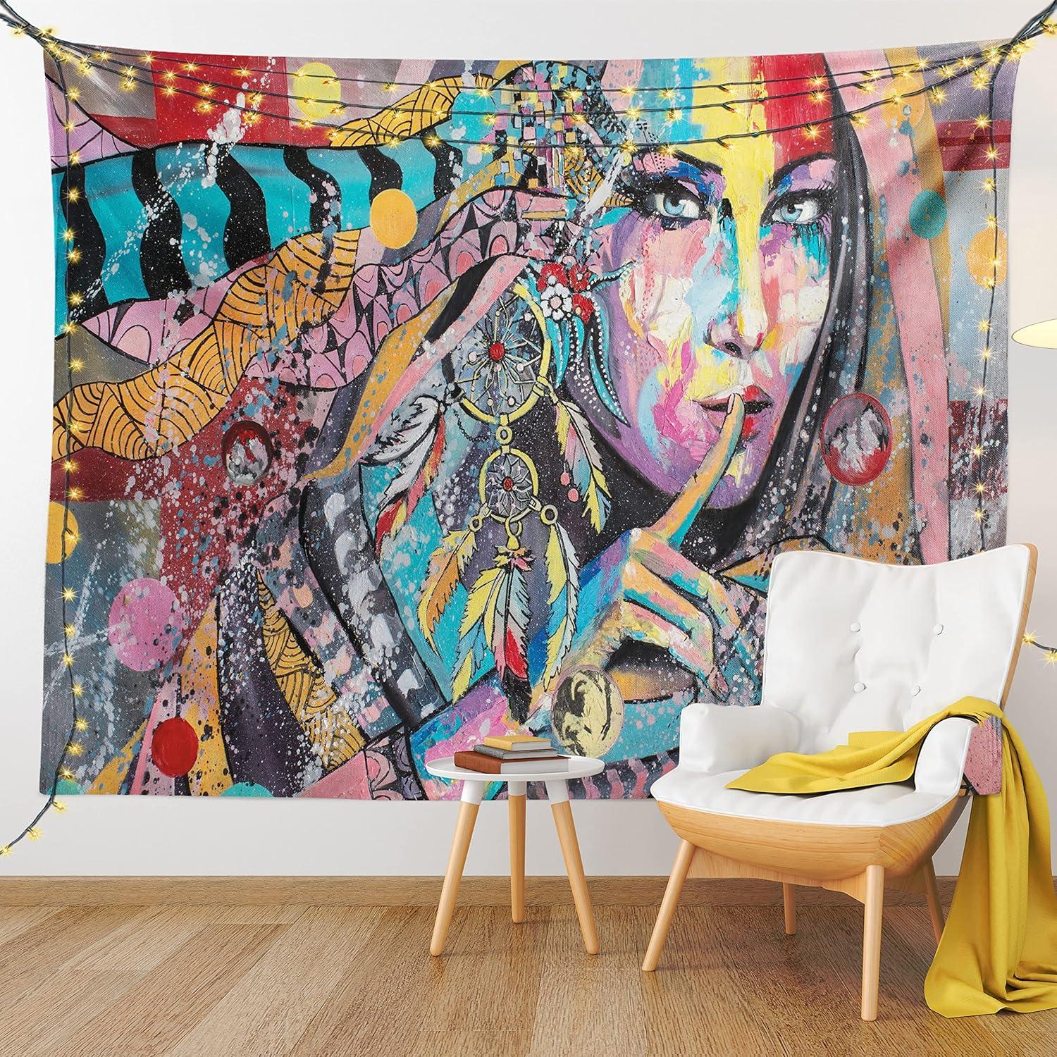 imageAmbesonne Modern Art Tapestry Girl Dreamcatcher and Ethnic Murky Colorful Paint Wall Hanging for Bedroom Living Room Dorm Decor 40 X 60 Pink Grey