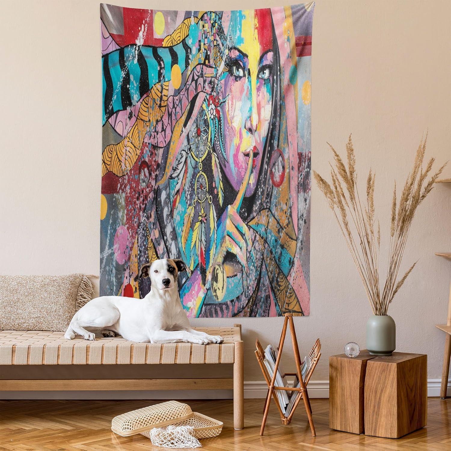 imageAmbesonne Modern Art Tapestry Girl Dreamcatcher and Ethnic Murky Colorful Paint Wall Hanging for Bedroom Living Room Dorm Decor 40 X 60 Pink Grey