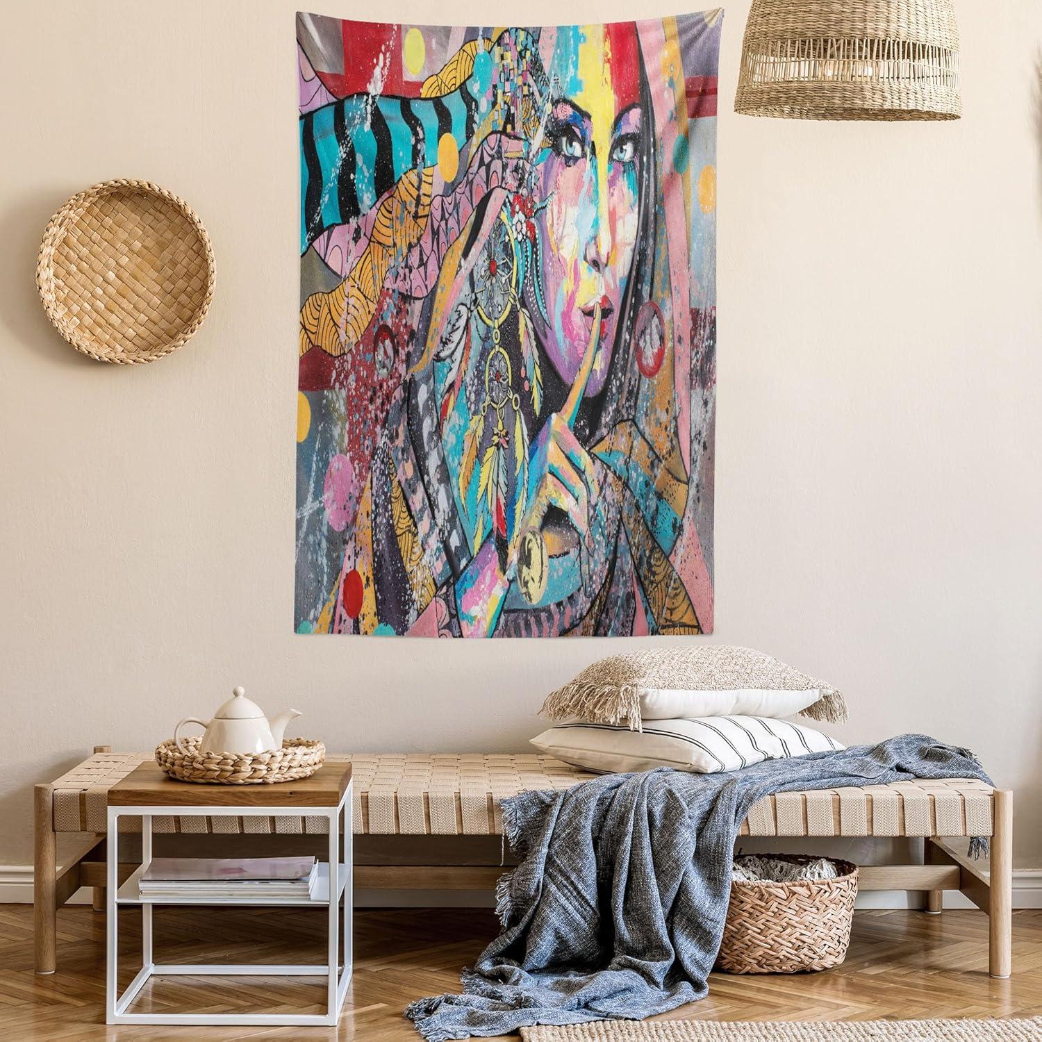 imageAmbesonne Modern Art Tapestry Girl Dreamcatcher and Ethnic Murky Colorful Paint Wall Hanging for Bedroom Living Room Dorm Decor 40 X 60 Pink Grey