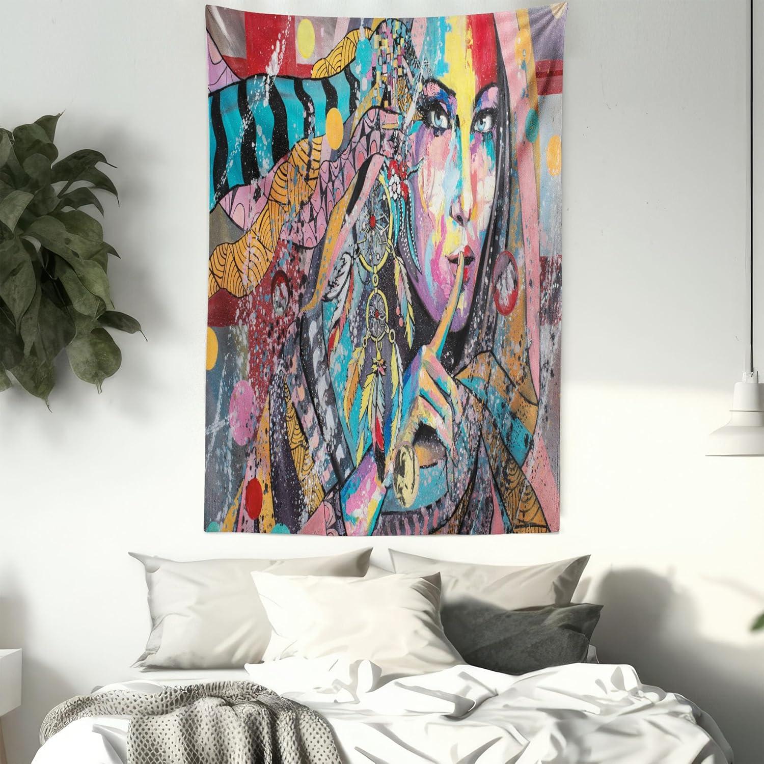 imageAmbesonne Modern Art Tapestry Girl Dreamcatcher and Ethnic Murky Colorful Paint Wall Hanging for Bedroom Living Room Dorm Decor 40 X 60 Pink Grey