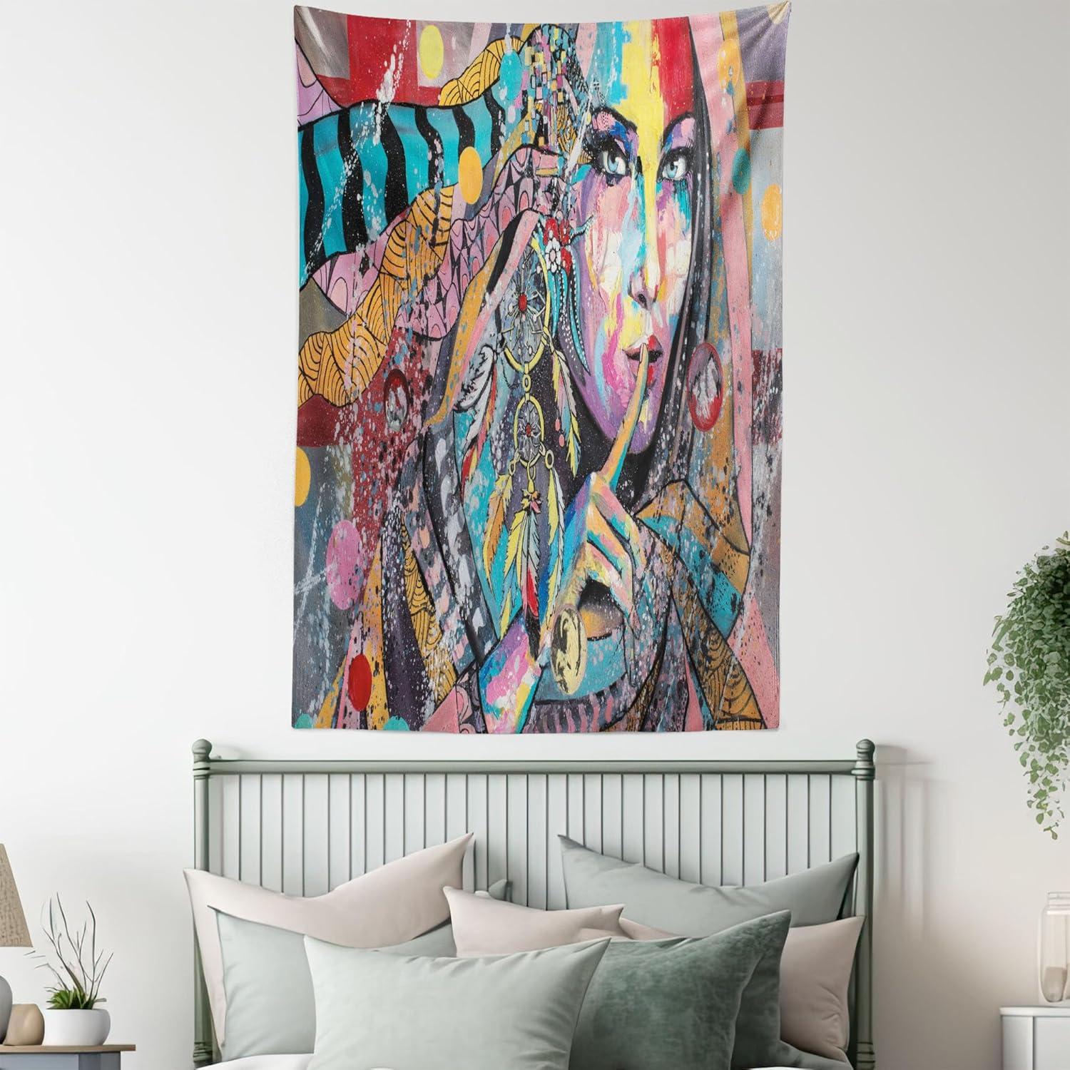 imageAmbesonne Modern Art Tapestry Girl Dreamcatcher and Ethnic Murky Colorful Paint Wall Hanging for Bedroom Living Room Dorm Decor 40 X 60 Pink Grey