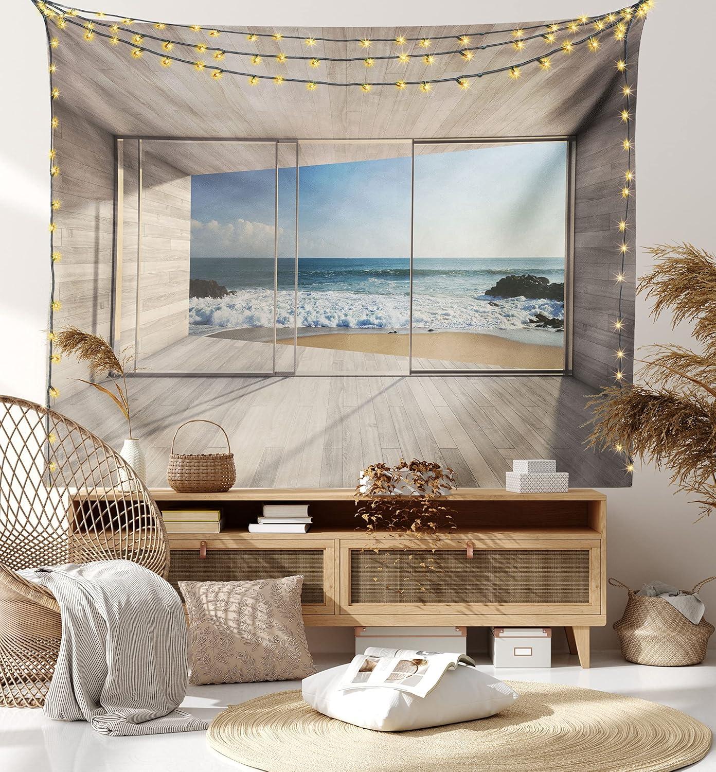 imageAmbesonne Modern Tapestry Empty Lounge Area Large Window and View of Sea Waves Rocks Art Fabric Wall Hanging Decor for Bedroom Living Room Dorm 28 X 23 Beige Blue White